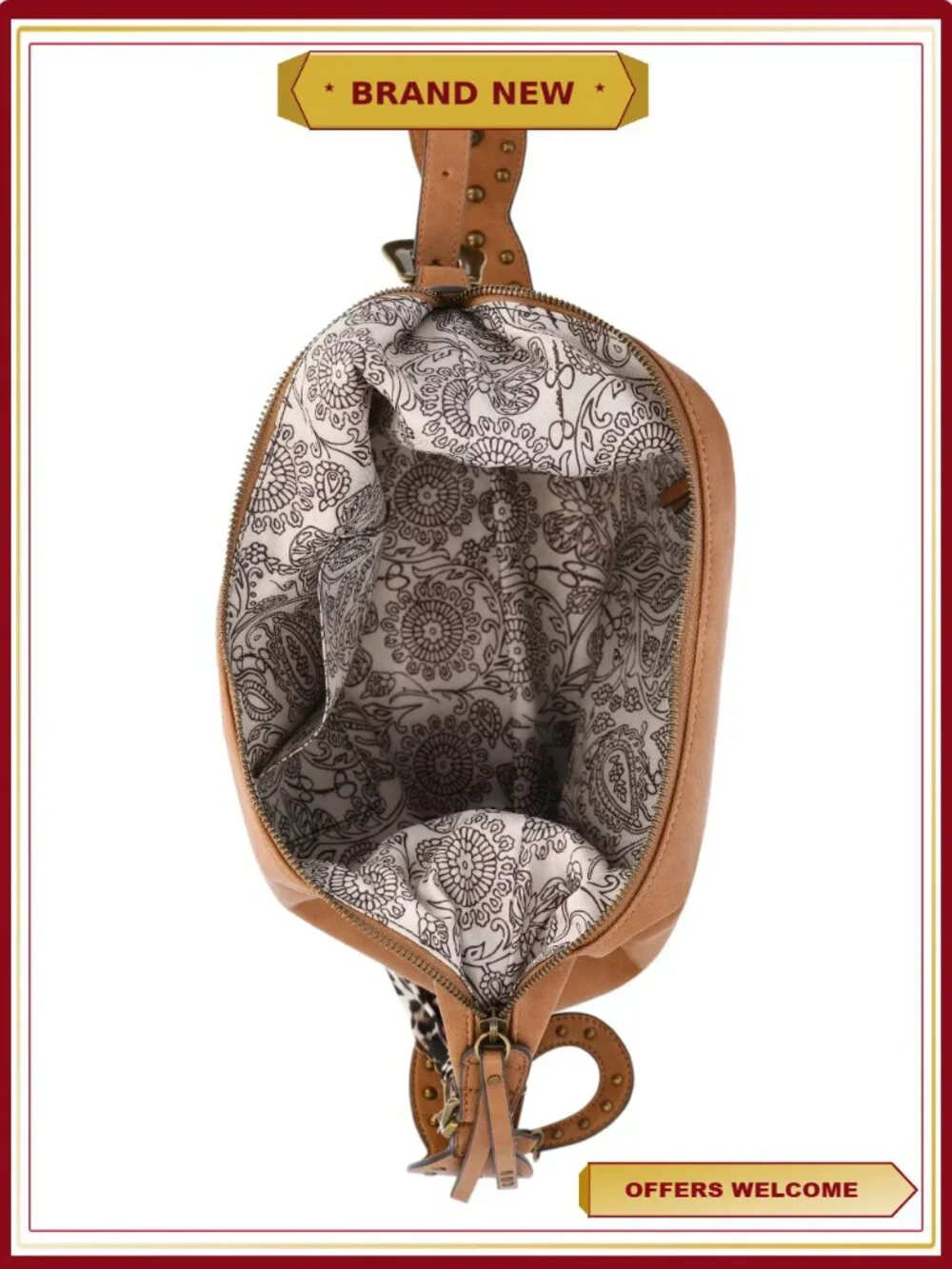 Faux Leather Hobo Handbag with Studded Adjustable Strap